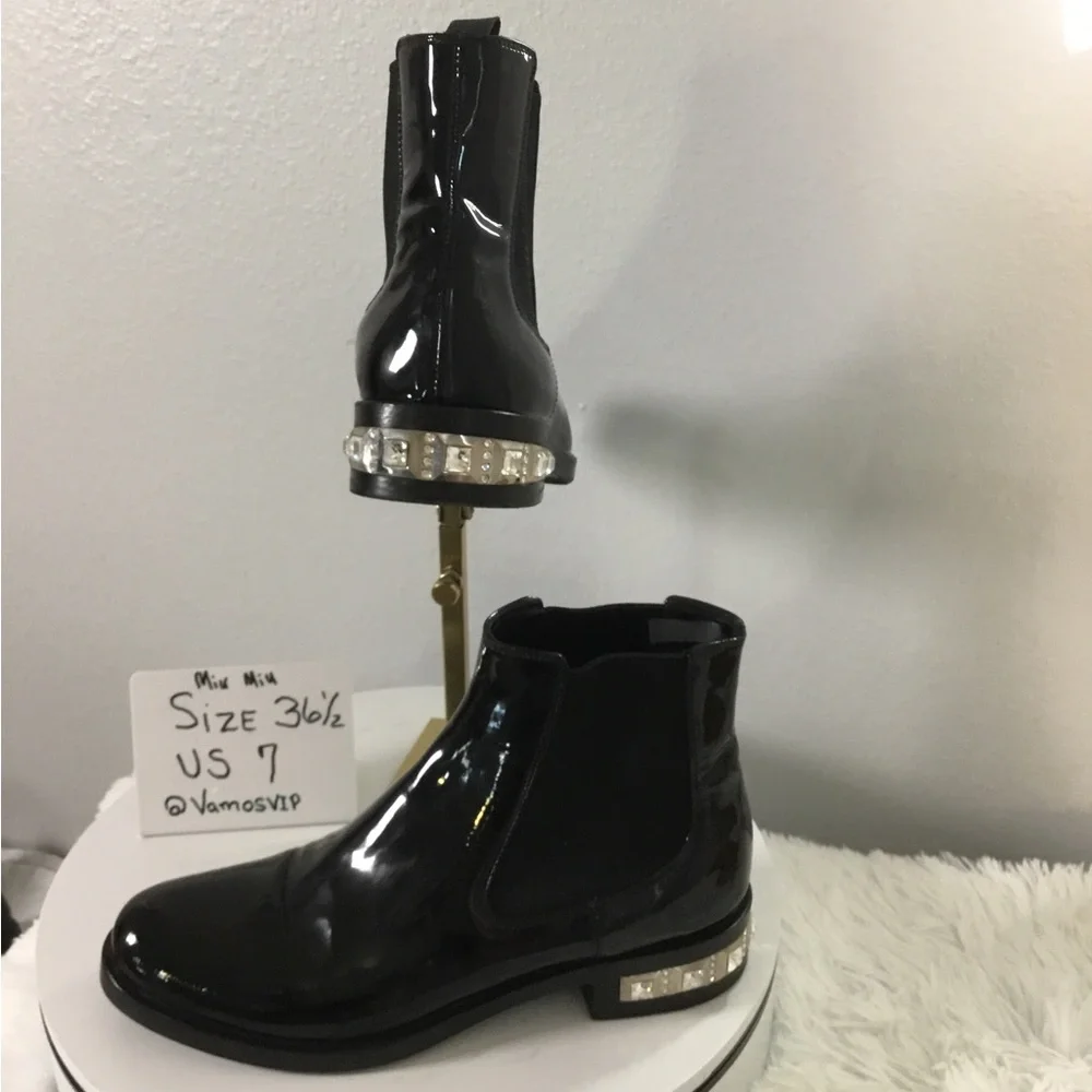 Miu Miu Patent Leather Black Ankle Boots with Crystal Heel Accent